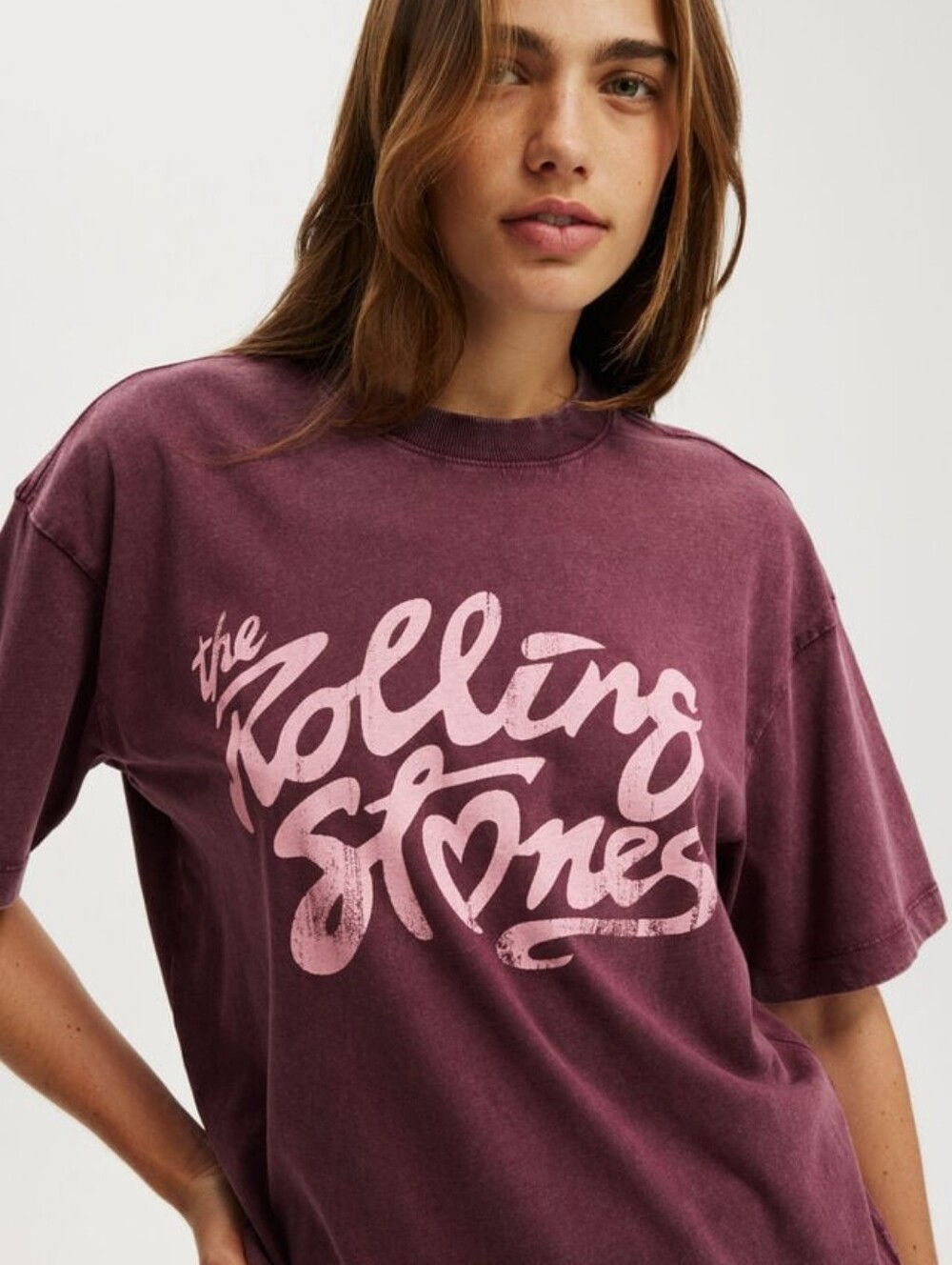 Women's Burgundy Rolling Stones Boxy Graphic Music Tee Cotton On T Shirt